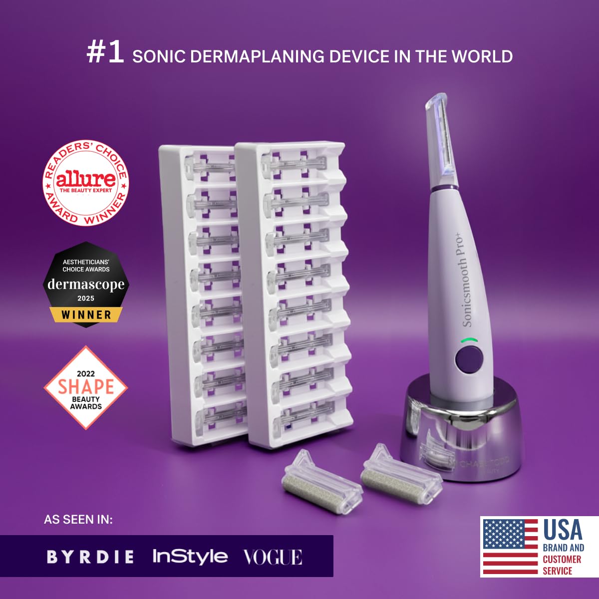 Michael Todd Beauty Sonicsmooth Pro+ Dermaplane Razor for Women Face + Eyebrow trimmer Dermaplaning System w/LED Light Peach Fuzz Remover -16 Dermaplaning Blades & 2 Microsmooth Exfoliation Tips