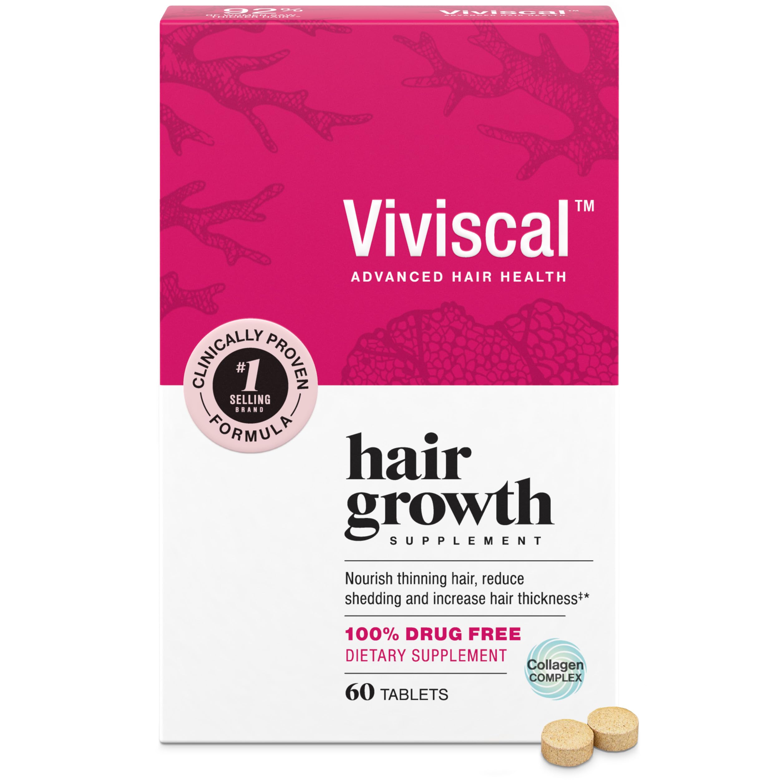 Viviscal Hair Growth Supplements for Women, Thicker Fuller Hair Support for Thinning Hair and Hair Loss, with Biotin and Marine Collagen, Drug-Free, 180 Tablets, 90-Day Supply
