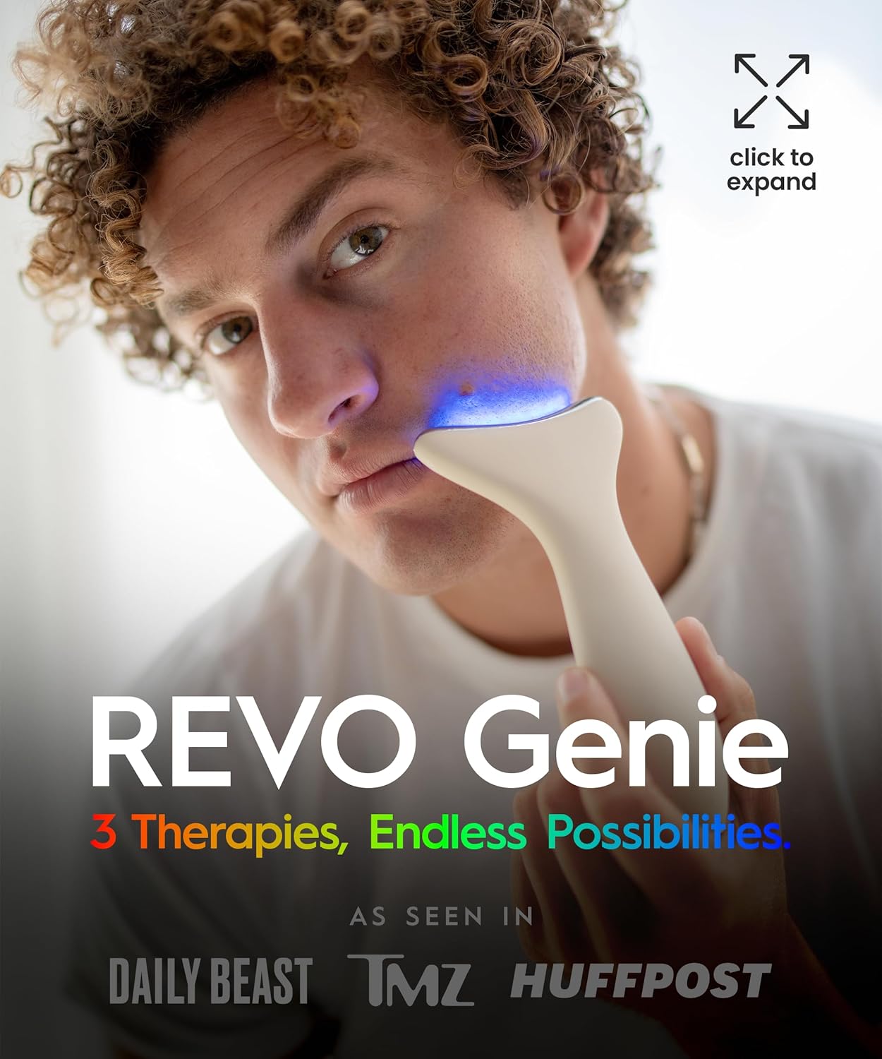 REVO Genie | 3-in-1 Face & Neck Beauty Massager with Heat, 3 Light Therapies, Smart Vibration | Red Light, Blue Light, Green Light Therapy for Wrinkles, Hyperpigmentation, Acne & More - Beige