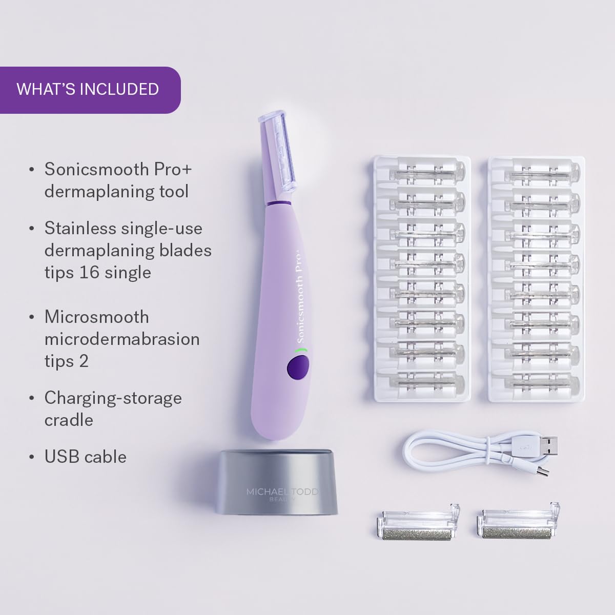 Michael Todd Beauty Sonicsmooth Pro+ Dermaplane Razor for Women Face + Eyebrow trimmer Dermaplaning System w/LED Light Peach Fuzz Remover -16 Dermaplaning Blades & 2 Microsmooth Exfoliation Tips