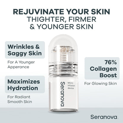 Seranova Micro Infusion System for Face & Neck 0.05mm Stamp with Hyaluronic Acid & Collagen Peptide Serum for Firmer Smoother-Looking Skin, Easy 5-Minute At-Home Skin Care Application - 3 Month Supply