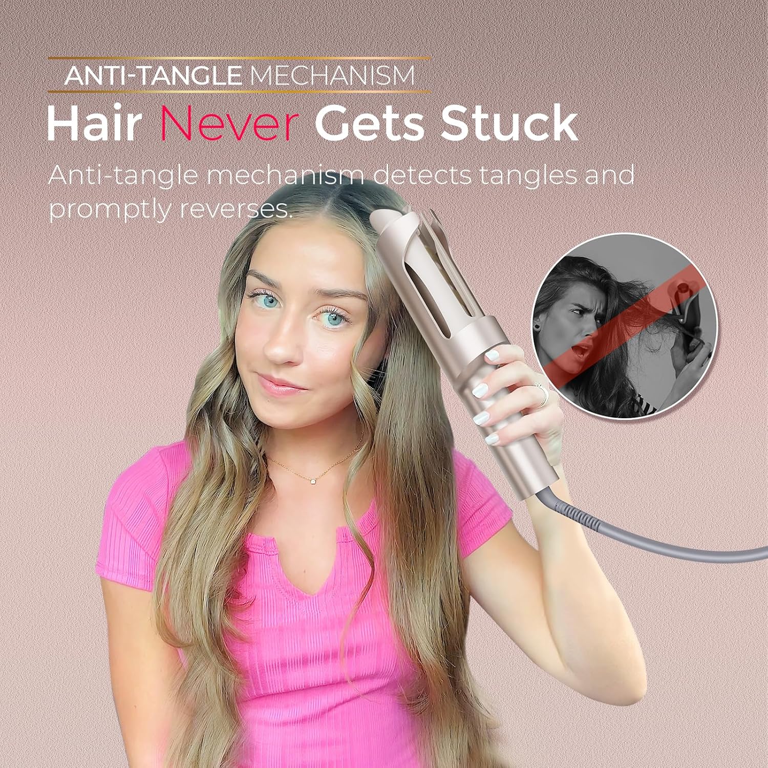 Upgraded Automatic Rotating Curling Iron - TYMO CurlPro Plus Long Barrel Curling Wand for Long Hair, Ceramic Hair Curler for Women, Anti-Scald, Tangle-Free, 600M Ionic, Dual Voltage, Gold, 1 1/4 Inch